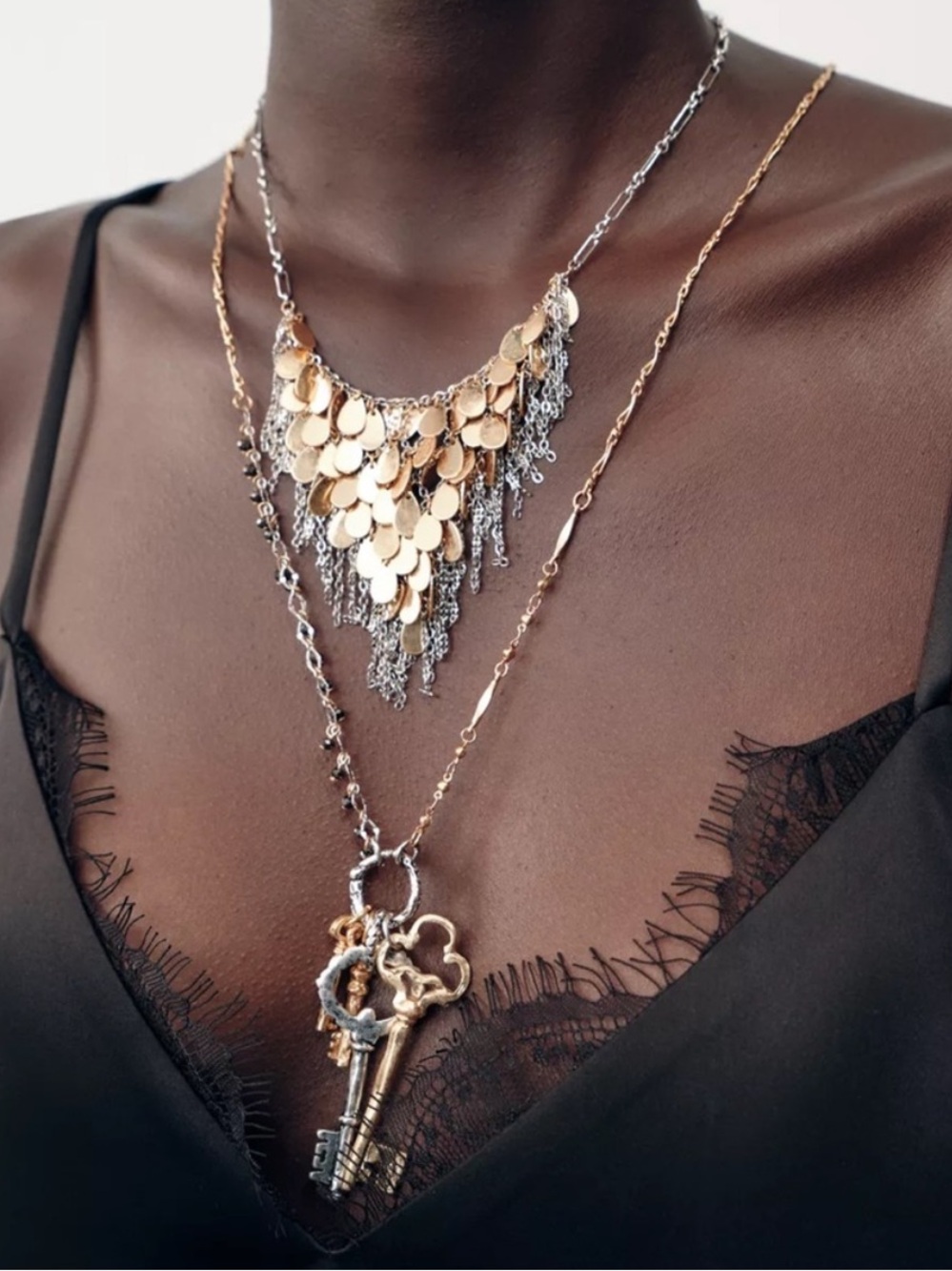 Two-Tone Layered Coin & Key Necklace - Gold & Silver